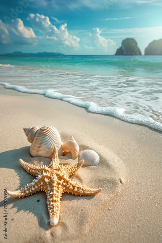 Starfish and Two Seashells on Sandy Beach