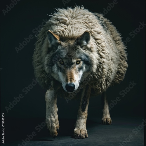 full body photograph of wolf prowling in sheep's clothing