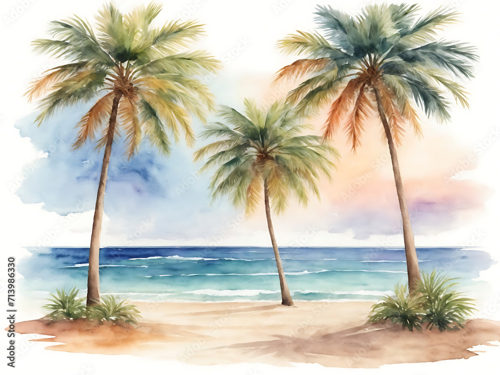 Holiday summer travel vacation illustration - Watercolor painting of palms, palm tree on the beach with ocean sea, design for logo or t-shirt, isolated on white background design.