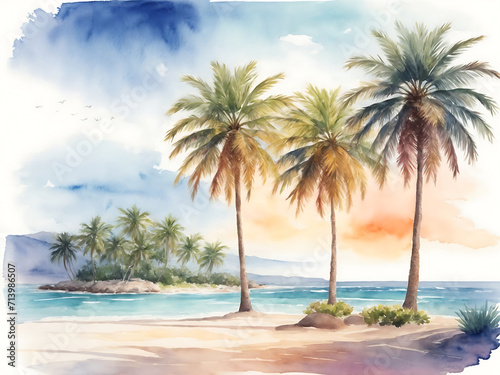 Holiday summer travel vacation illustration - Watercolor painting of palms, palm tree on the beach with ocean sea, design for logo or t-shirt, isolated on white background design.
