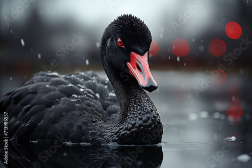 Black swan Cygnus atratus with red eyes swimming on the lake close-up portrait with rain and red bokeh on the background. A metaphor for financial crisis or unexpected events photo