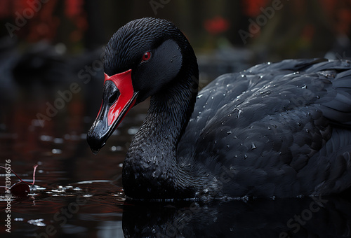 Black swan Cygnus atratus with red eyes swimming on the lake close-up portrait. A metaphor for financial crisis or unexpected events photo