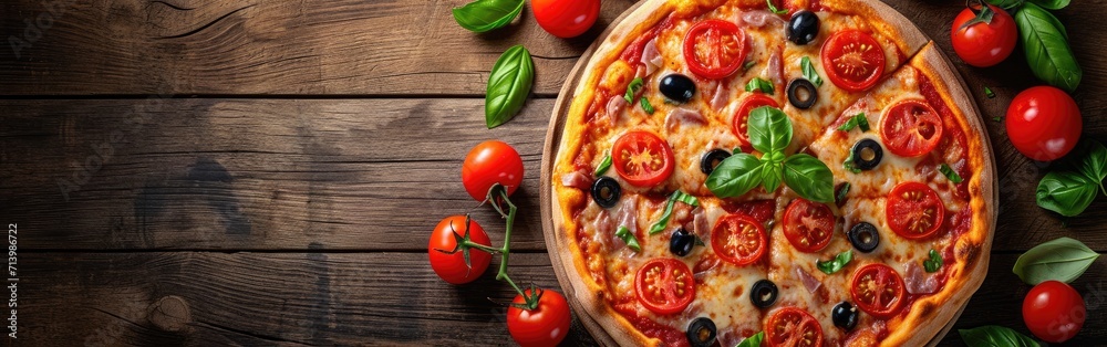 Pizza With Tomatoes and Olives on Wooden Table Pizza With Tomatoes and Olives on Wooden Table