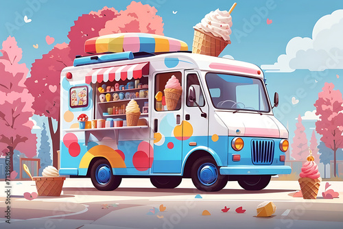 Ice-cream truck. Ai art. Cartoon illustration design. photo