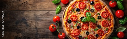 Pizza With Tomatoes and Olives on Wooden Table