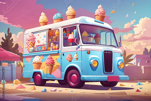 Ice-cream truck. Ai art. Cartoon illustration design.
