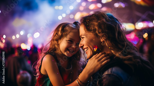 Cheerful Mother and Daughter Sharing a Tender Moment with Glittering Party Lights in the Background, Family Celebrations Concept