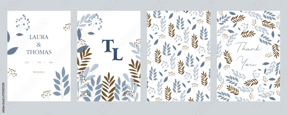 Set 0f vector frames. Hand painted branches, leaves on white background.Wedding simple minimalist invitations. Watercolor style cards. Elements are isolated and editable