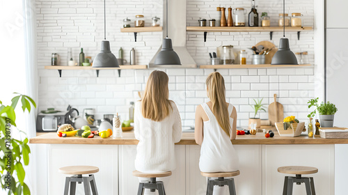 A couple of girls dressed in white, sitting with their backs to each other in a bright kitchen, preparing a healthy breakfast