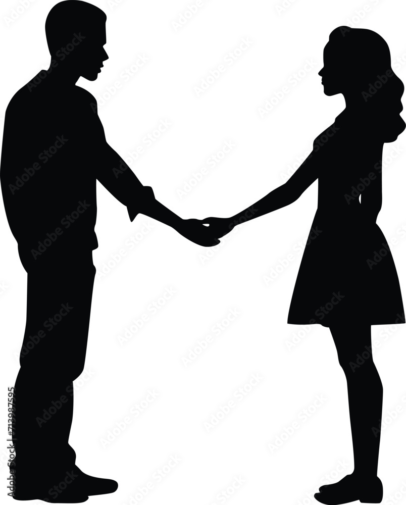 Vector silhouette of two teenager girl and boy standing face to face and holding hands clipart element