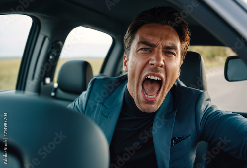 man in a suit is sitting in the driver's seat of a car, with his mouth wide open as if he's screaming