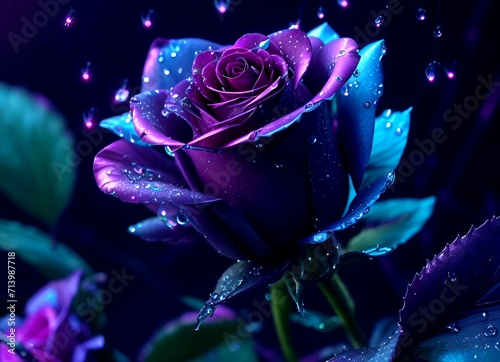 Fototapeta Naklejka Na Ścianę i Meble -  Close up of a beautiful purple rose with water drops scattered