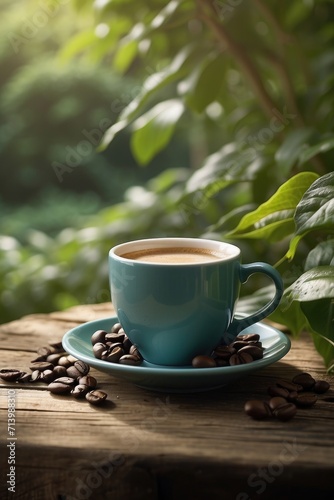 cup of coffee on the table nature background