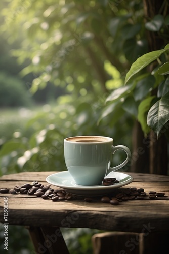 cup of coffee on the table nature background