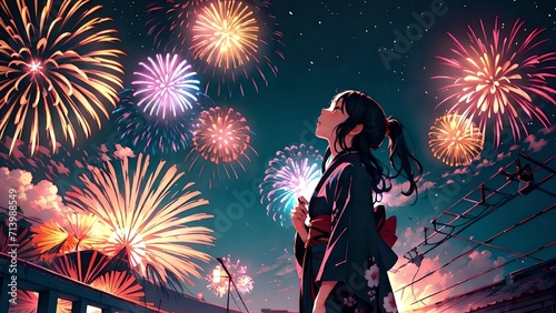 fireworks over the city, anime wallpaper, background 