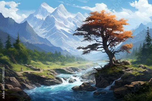 Foto A mature tree thrives near a flowing brook, with stunning mountains in the backdrop