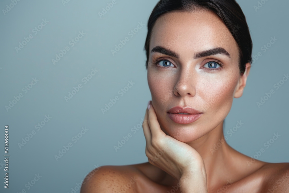 Portrait of a beautiful woman with perfect skin, isolated on grey background