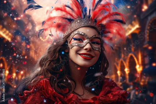 Portrait of a beautiful woman in a carnival mask and red dress.