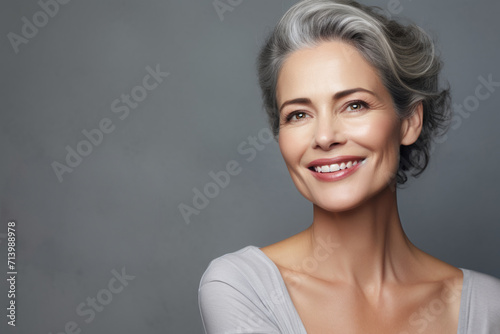 Portrait of beautiful smiling middle aged woman with grey hair and white teeth