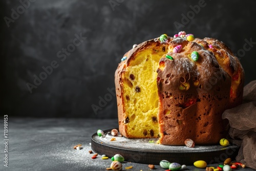 Traditional italian Easter cake panettone with raisins and colorful candies on dark background