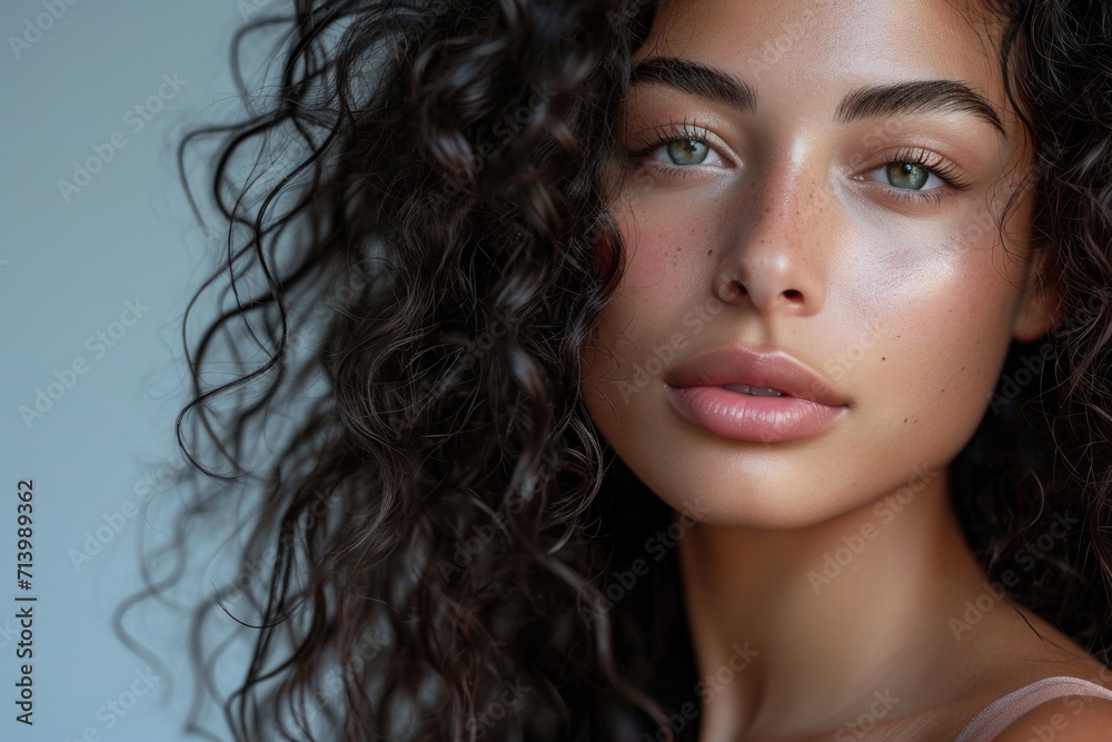 Beautiful young woman with long curly hair. Close up portrait. Beautiful young woman with long curly hair. Close up portrait.
