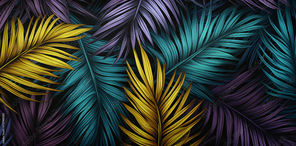 palm and vine seamless pattern, in the style of hyperrealistic compositions, dark, foreboding colors, light cyan and bronze, shaped canvas, brightly colored palm and vine seamless pattern, in the style of hyperrealistic compositions, dark, foreboding colors, light cyan and bronze, shaped canvas, brightly colored