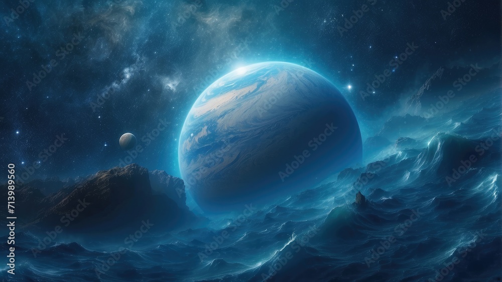 cosmic blue gas giant  planet over the ocean photo