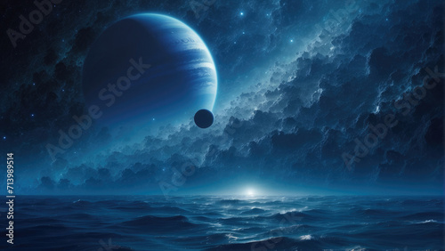 cosmic blue gas giant planet over the ocean photo