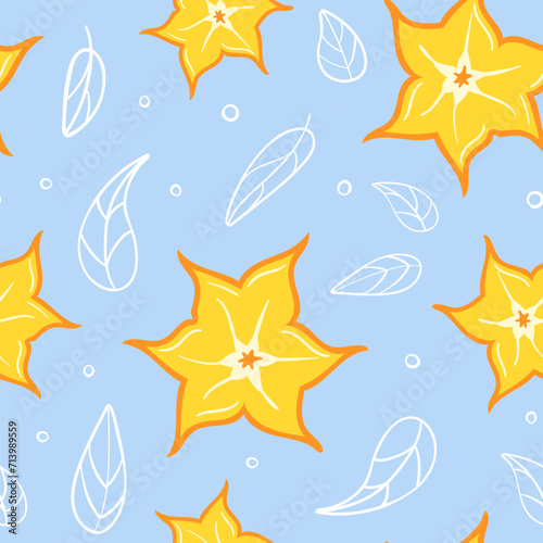 Carambola summer seamless pattern in minimalistic style. Tropical exotic fruits, leaves. Healthy food. For menu, cafe, wallpaper, fabric, wrapping