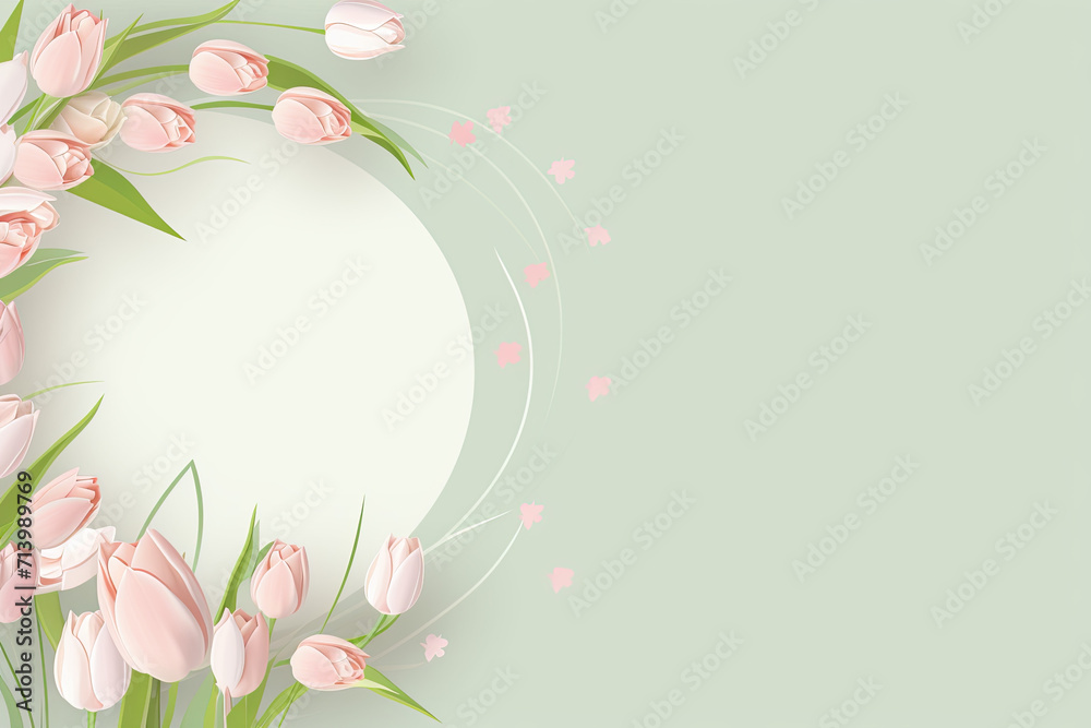  tulip pastel  flowers frame, Vector background with a border of pastel shaded tulips. Card with a round frame and blank space for wedding gifts, bridal shoer, mothers day