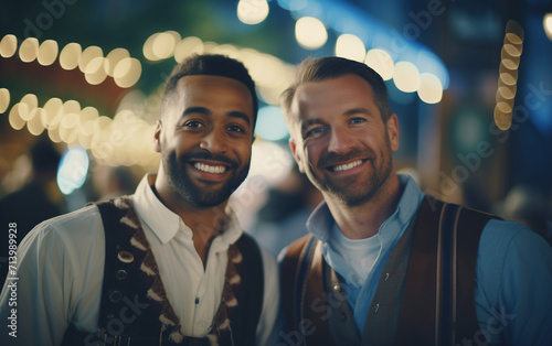A lively Oktoberfest scene with cheerful people, traditional attire, and celebration.