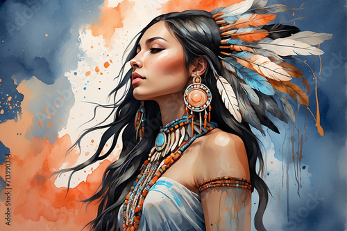 Portrait of a beautiful young woman with indian headdress. spiritual art photo