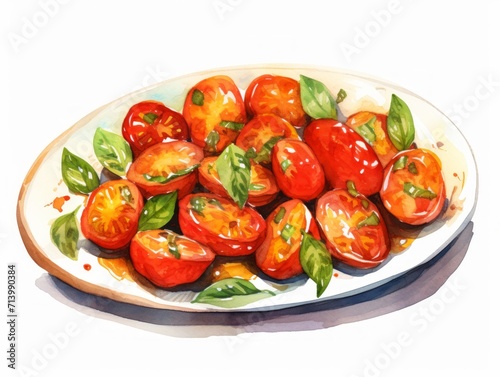 Delicious Roasted Cherry Tomatoes with Garlic and Basil on White Background AI Generated