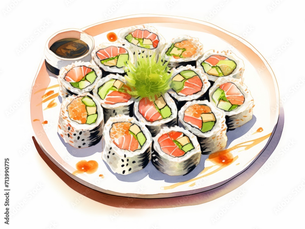 Delicious Sushi Plate with Ginger and Wasabi on White Background AI Generated