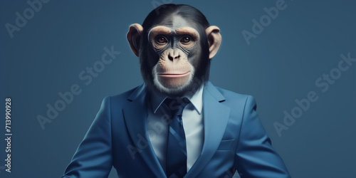 A monkey in a suit with a tie, A man in a suit with monkey face, monkey with a human body looking serious wearing a suit photo
