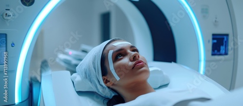 Woman undergoing cancer radiation therapy in a modern private clinic or hospital with professional doctors using a linear accelerator. photo