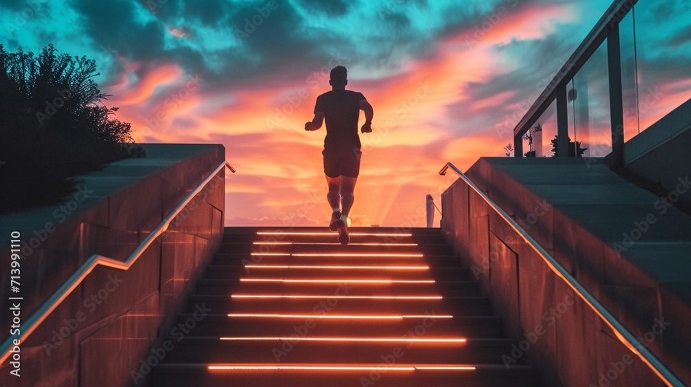 a man runs up a glowing staircase after sunset