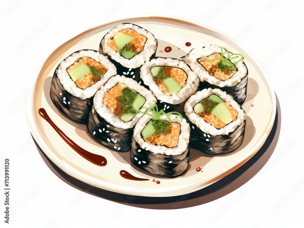 Delicious Vegan Sushi Rolls with Soy Sauce on White Background AI Generated