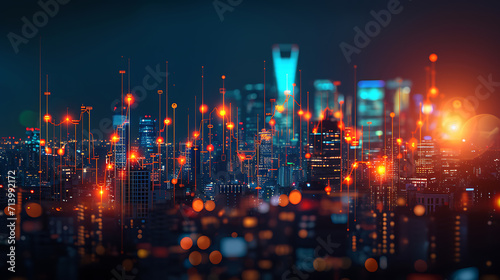 financial chart in the middle of the night skyline, in the style of ray tracing, shaped canvas, bokeh, squiggly line style