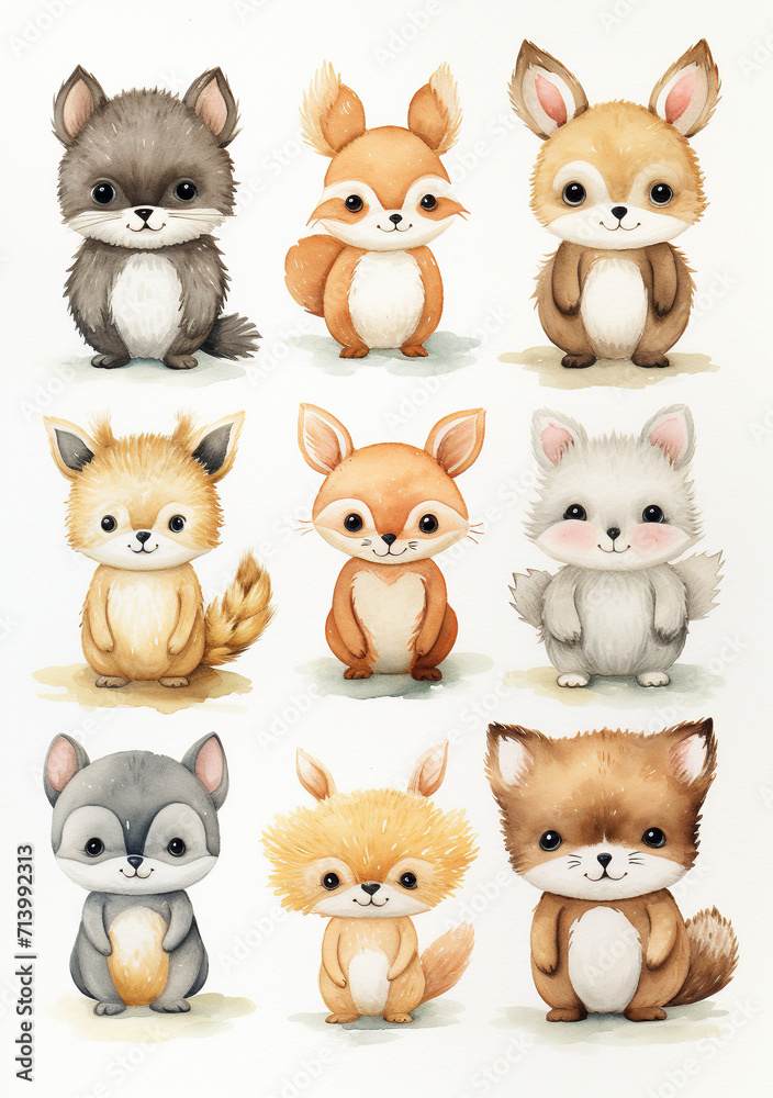 Fototapeta premium card collection with cute doodle animals of nursery room for kids, Perfect for poster, birthday, baby book, children room, anniversary, baby shower