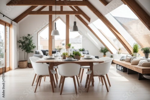 Scandinavian Interior home design of modern dining room with wooden dining table and chairs in the attic of the house