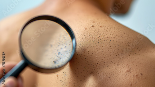 close up of a body , magnifying glass over skin- irritation, skin cancer