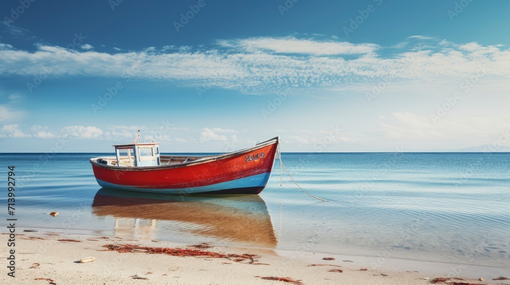 Red Boat Resting on Sandy Beach, A Stunning Coastal Scene Red Boat Resting on Sandy Beach, A Stunning Coastal Scene