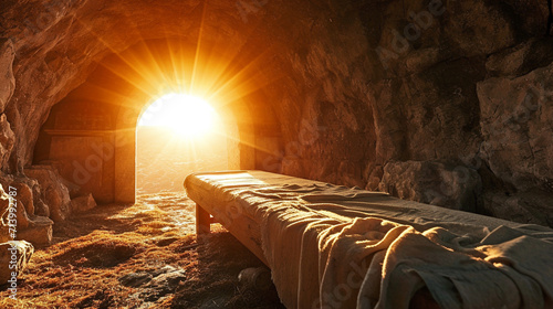 biblical scene of Resurrection Of Jesus Christ, Tomb Empty with sun rayes,  Easter