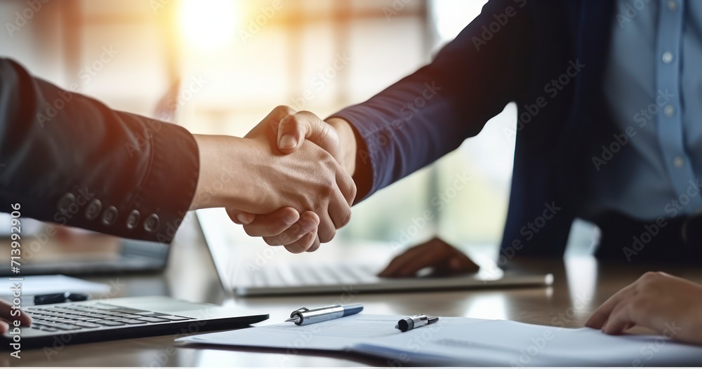 Confident Business Partners Shaking Hands, Cementing a Partnership in the Office Confident Business Partners Shaking Hands, Cementing a Partnership in the Office