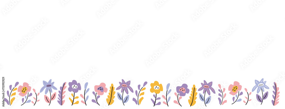 Wildflowers doodle style. Floral long banner with simple flowers and grass in pastel colors