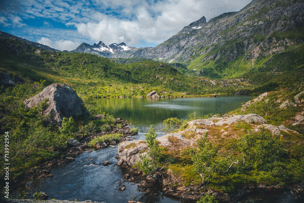 Beautiful Scandinavian landscape, mountains and a lake on the Vesteralen archipelago. Travel to Norway