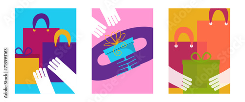 Shopping and sale modern bright fliers, card, banner, poster. Hands reach out to shopping bags and gifts. Set of minimalistic abstract background for sales, advertisements, coupons