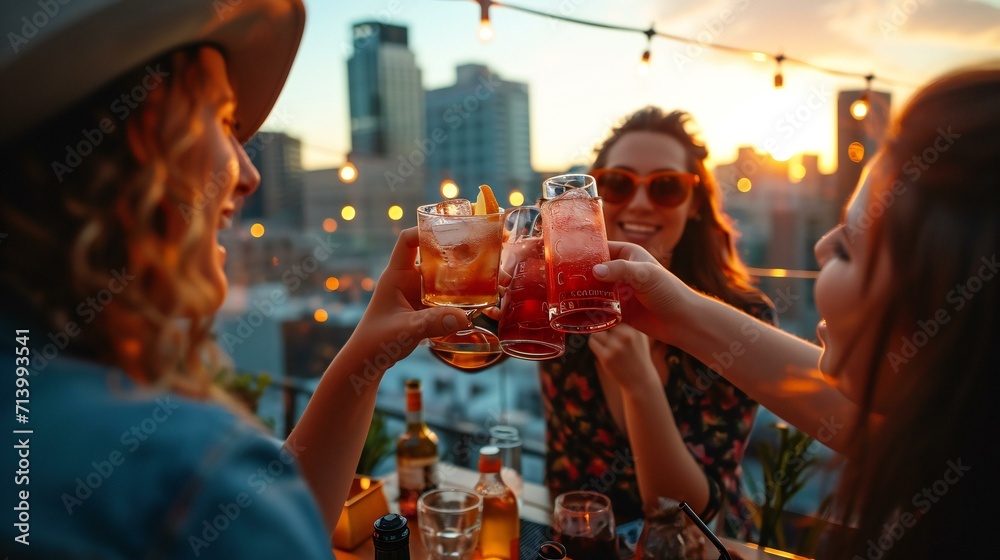 friends toasting drinks on a rooftop at sunset: Sunset Rooftop Toast Among Friends - obrazy, fototapety, plakaty 