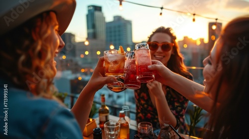 friends toasting drinks on a rooftop at sunset: Sunset Rooftop Toast Among Friends photo